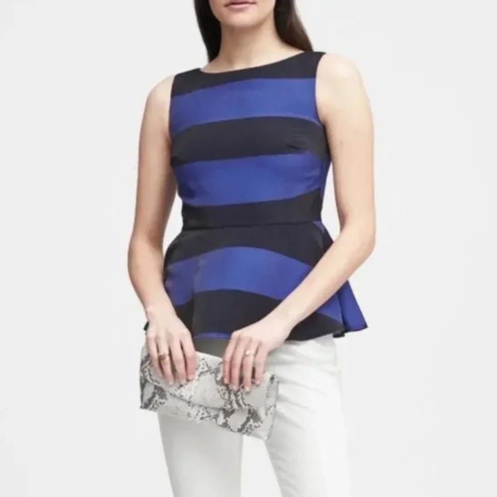 NWT Banana Republic Striped Sleeveless Peplum Top Round Neck Size 10 Navy Blue - Picture 6 of 7